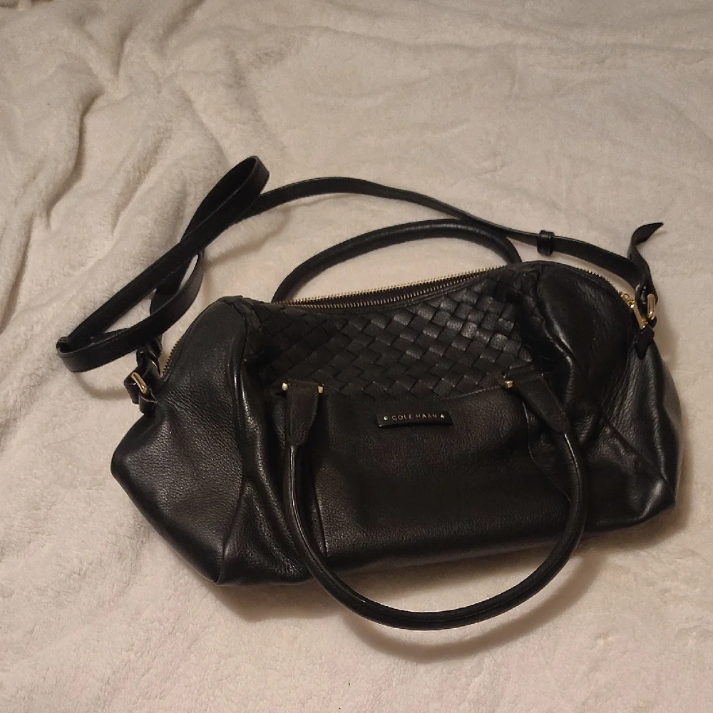 Cole Haan Black Woven Leather Shoulder Bag - Picture 1 of 6